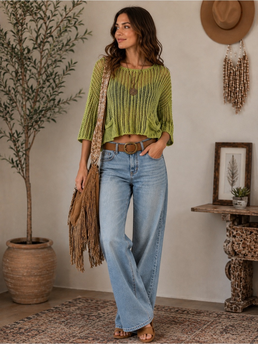 Tempo Paris Olive Green Open-Knit Crew Neck Sweater